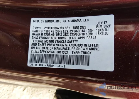 2017 Honda Ridgeline Rtl-T from USA, damaged, VIN 5FPYK2F64HB011303